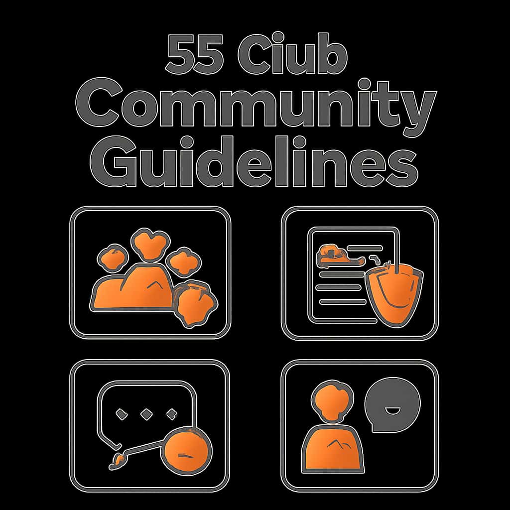 An educational illustration depicting the core principles of the 55 Club Community Guidelines.