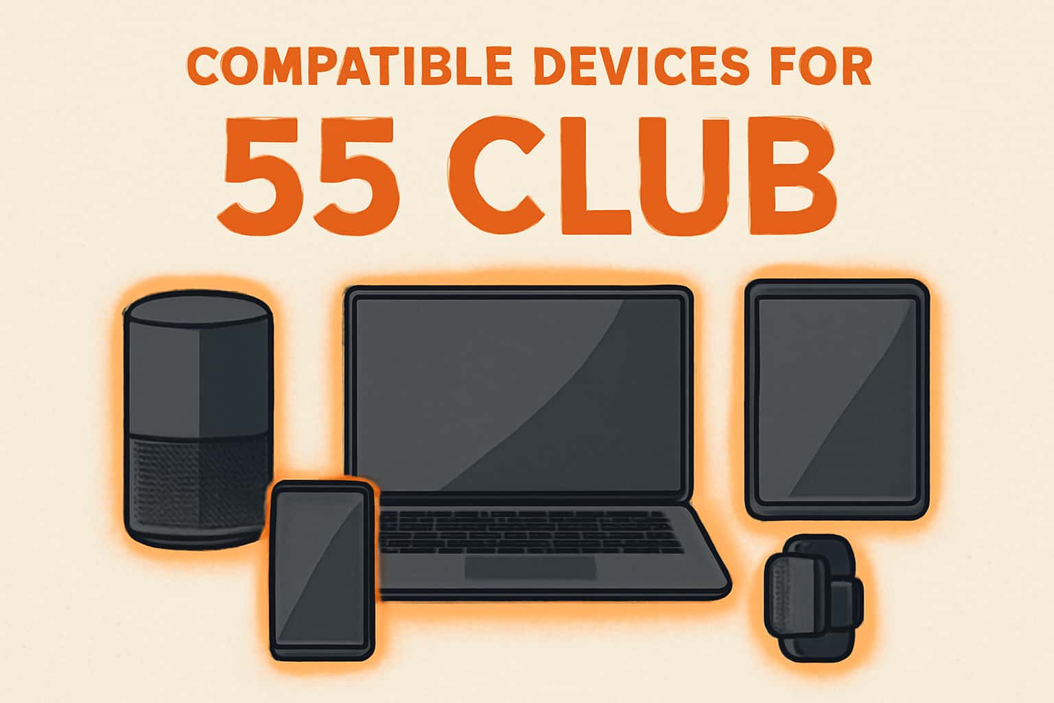 An informational graphic showcasing compatible devices with the text 'Compatible Devices for 55 Club'.