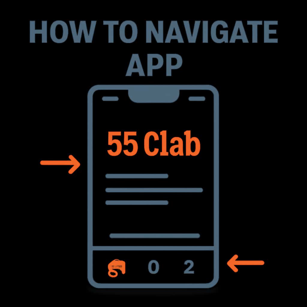An educational diagram outlining navigation options within the 55 Club App.